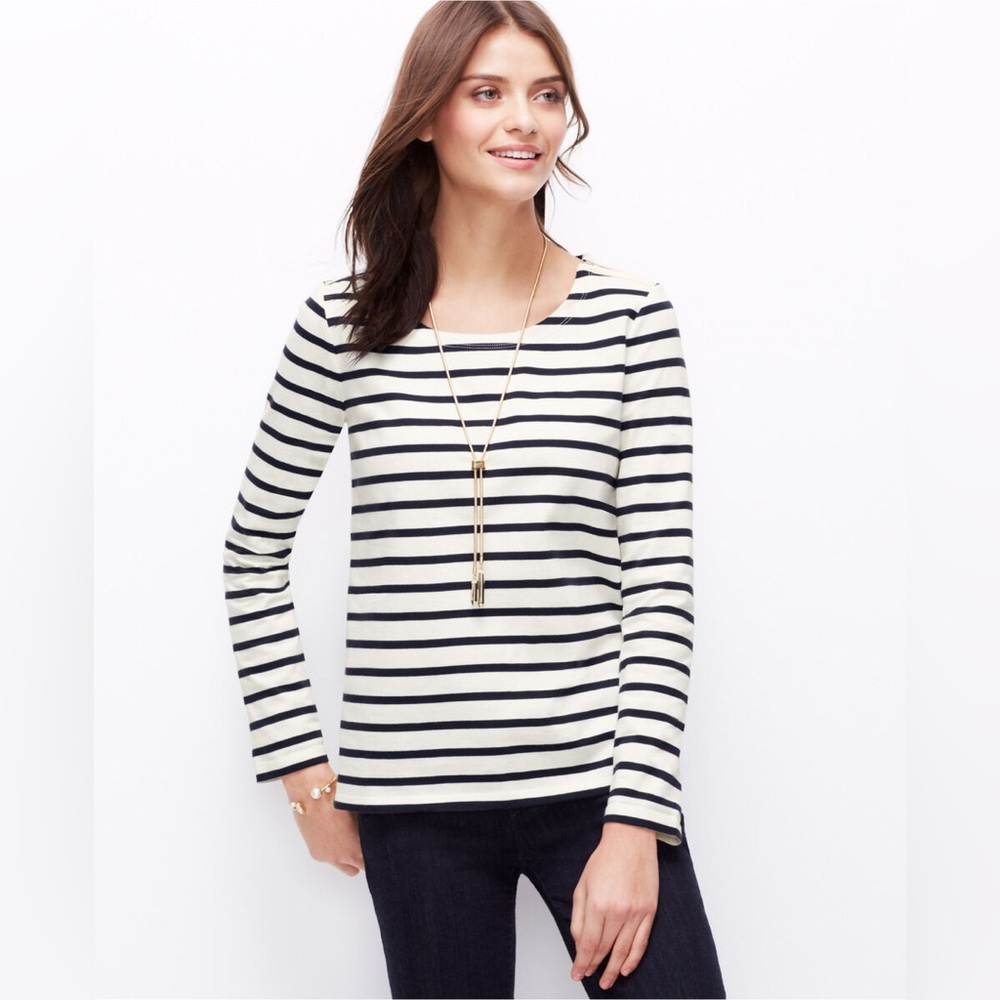 Ann Taylor - Cream black Stripe Shoulder Zip Cotton Tee size LP